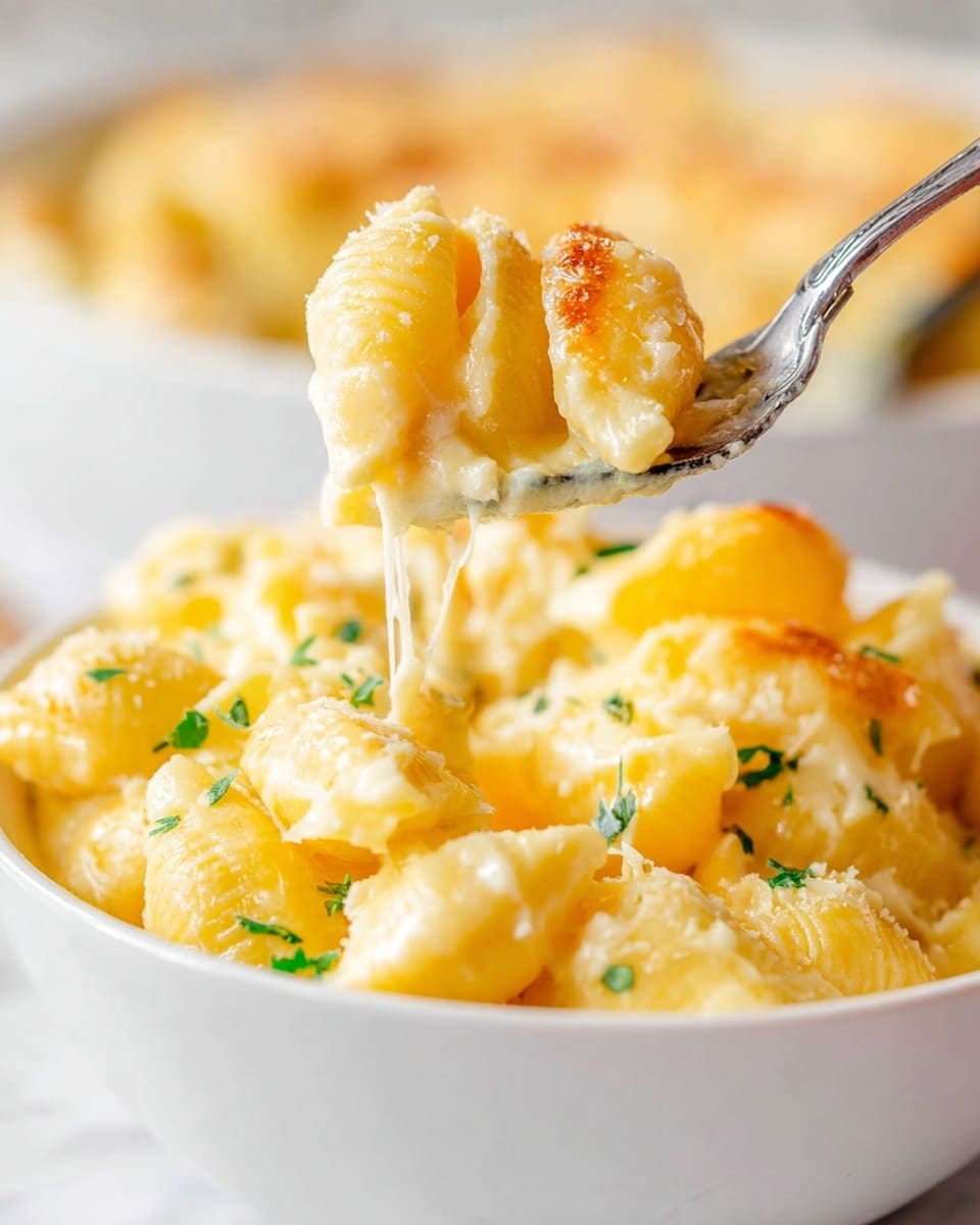 A white bowl filled with three layers of small, shell-shaped pasta coated in creamy yellow cheese sauce with a slightly browned, melted cheese top layer. The pasta shells are plump and soft, showing a smooth texture with melted cheese strands and small green herb pieces sprinkled on top. A fork lifts a bite-sized portion with a white marbled surface underneath, giving focus to the pasta’s texture and cheese coating, with a blurred background also showing the white bowl. Photo taken with an iphone --ar 4:5 --v 7