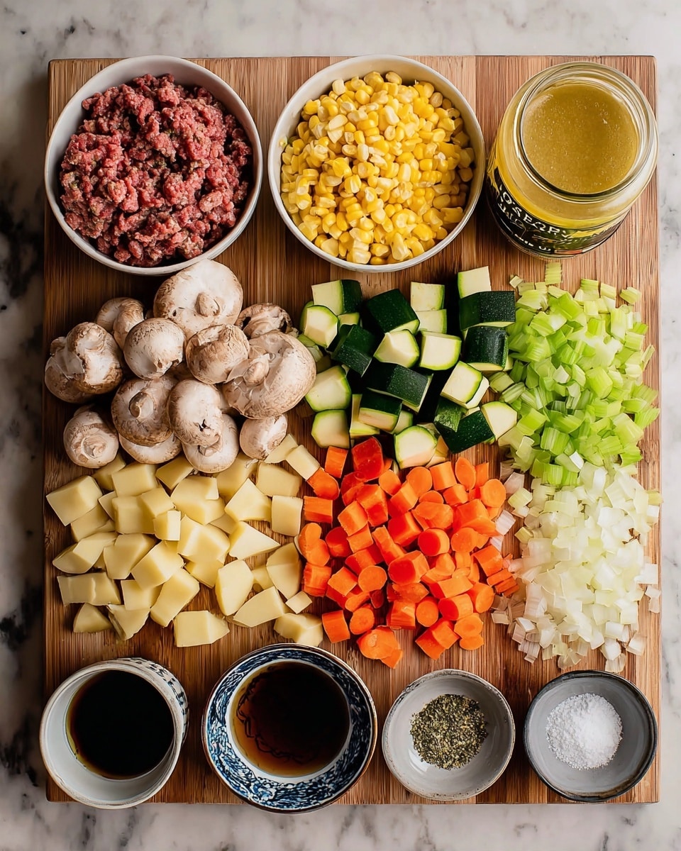 The image shows a wooden board filled with chopped ingredients arranged in neat rows. On the left top, a white bowl holds raw ground meat with a red and brown color. Below it, a white bowl contains yellow corn kernels. Mushrooms sliced into pieces are placed next to diced light beige potatoes. In the middle, there are green zucchini slices forming a small pile. To the right of the zucchini are chopped bright orange carrots, followed by light green celery pieces. On the far right side, there are finely chopped white onions. At the top right corner of the board is a jar of yellow broth seasoning. Near the bottom right corner, two small grey bowls contain white salt with black pepper and green dried herbs. At the center bottom, a small white bowl with blue patterns holds a dark brown liquid. All of this is placed on a white marbled surface. Photo taken with an iphone --ar 4:5 --v 7