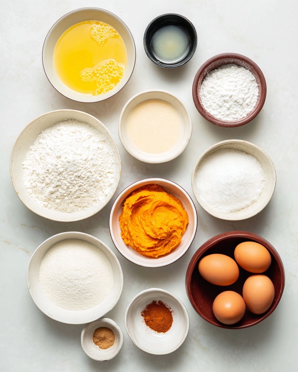 A top view of 12 small white and brown bowls placed on a white marbled surface, each holding different baking ingredients arranged in a loose circular pattern with some spaced in the center; from the top left clockwise: a white bowl with yellow liquid and small bubbles, a white bowl with white powder, a black bowl with fine salt, a brown bowl with white liquid, a white bowl with pale orange liquid, a small white bowl with light powder, a large white bowl with white flour, a small white bowl with vanilla extract, a brown bowl with six brown eggs, a white bowl with bright orange mashed pumpkin, a small white bowl with cinnamon powder, a small white bowl with white powder, and a white bowl filled with granulated white sugar in the middle; the light is soft and bright, emphasizing the textures and colors of the ingredients photo taken with an iphone --ar 4:5 --v 7