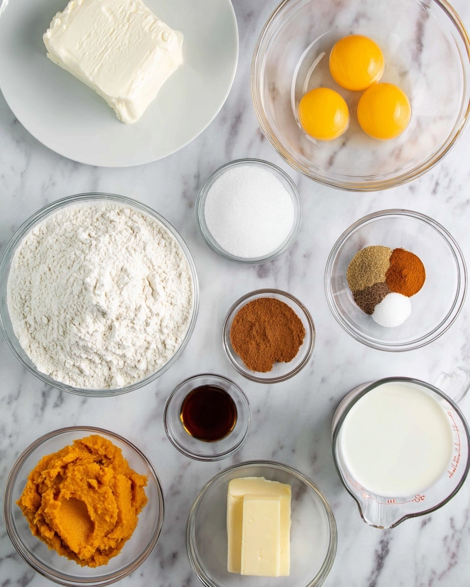 A top-down view of various baking ingredients arranged neatly on a white marbled surface, including a white plate with a block of white cream cheese in the top left, a clear glass bowl filled with four cracked eggs showing bright yellow yolks and clear whites near the top right, a small clear bowl with white granulated sugar and a pinch of seasoning just below the eggs, a medium clear bowl filled with white flour in the center, two smaller clear bowls each containing a dark brown spice powder and a light brown sugar, a clear bowl with a bright orange pumpkin puree in the bottom left, a small clear bowl with dark brown vanilla extract near it, a clear bowl with pale yellow solid butter just right of the flour, and a glass measuring cup filled with white milk at the bottom right, all spaced evenly in a casual arrangement photo taken with an iphone --ar 4:5 --v 7