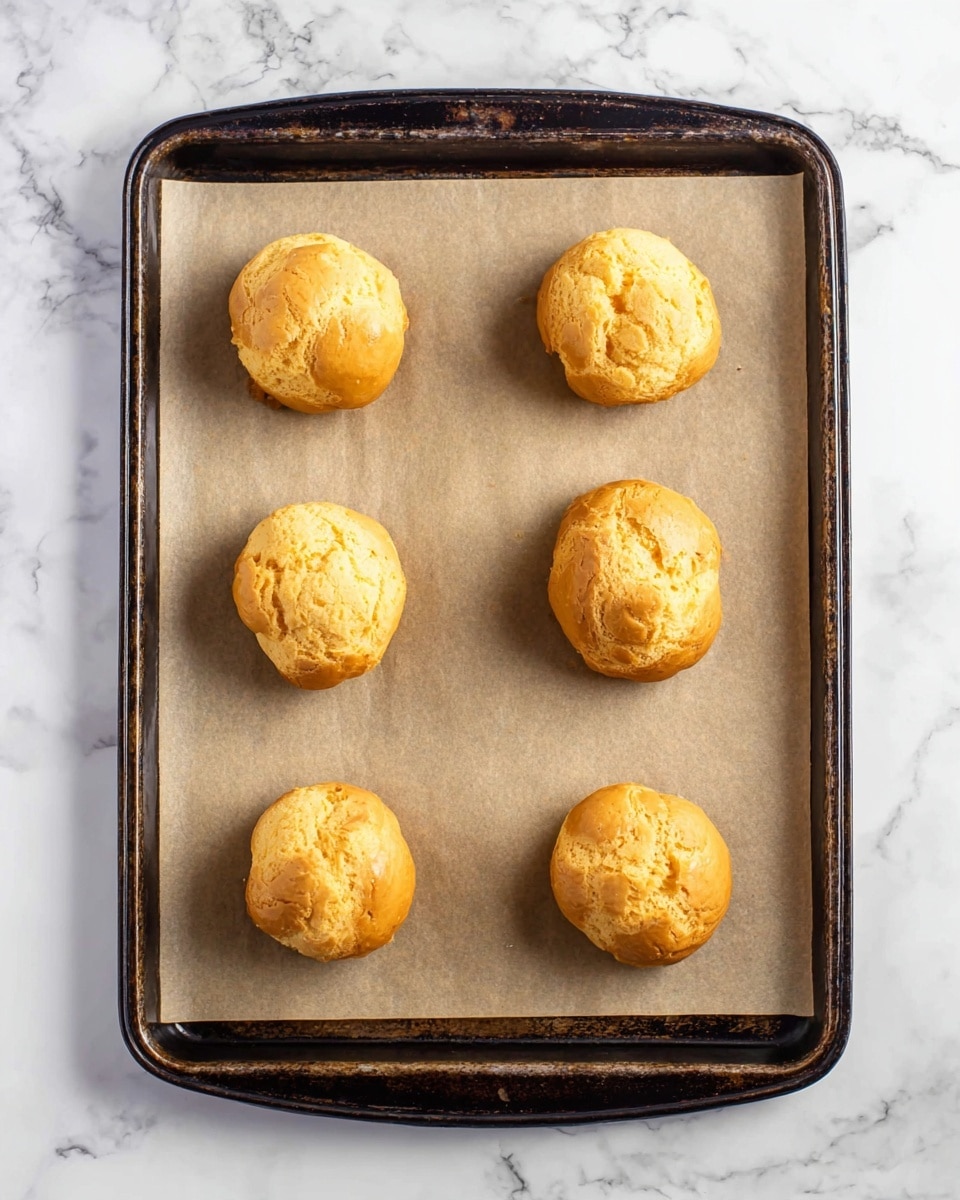 Six round, golden-brown cream puffs are evenly placed on a baking tray lined with light brown parchment paper. The cream puffs have a slightly cracked and uneven texture, showing their airy interior. The tray sits on a white marbled surface, creating a clean and bright background. The baking tray is dark-colored with a slightly worn look around the edges. photo taken with an iphone --ar 4:5 --v 7