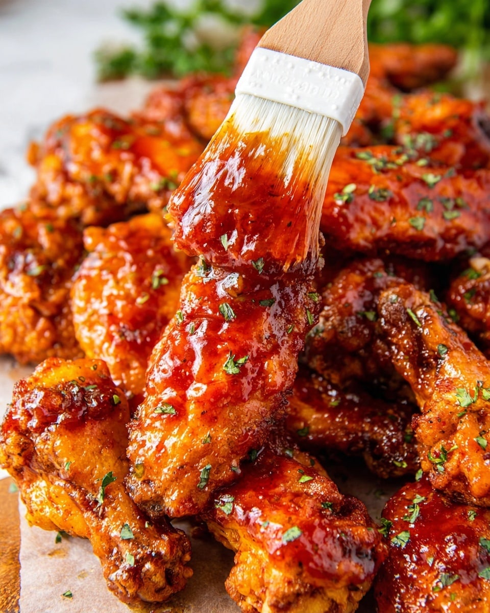 A close-up image shows many crispy chicken wings layered tightly on a white marbled surface covered with light brown parchment paper. The wings have a shiny bright orange-red sauce glaze that looks thick and sticky. Small green herb pieces are sprinkled on top of the wings and sauce. A white silicone brush with a wooden handle is held by a woman's hand, spreading the glossy sauce on one chicken wing in the center. In the background, blurred green herbs add a fresh touch. photo taken with an iphone --ar 4:5 --v 7