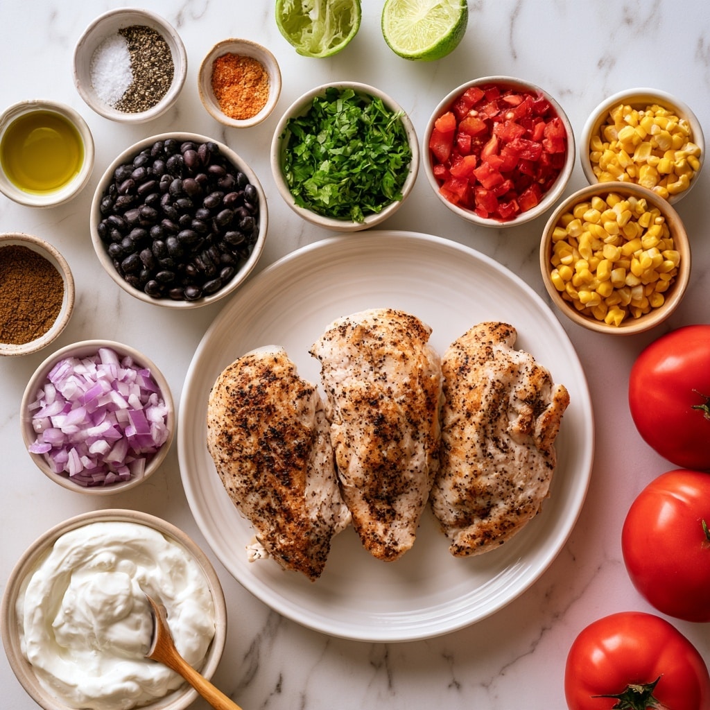 A white plate with three cooked chicken pieces seasoned with black pepper sits in the center over a white marbled surface. Surrounding the plate are small bowls holding different ingredients: diced purple onions, chopped bright green cilantro, black beans, diced red tomatoes, and yellow corn. There are also smaller bowls with olive oil, salt and pepper, paprika, garlic powder, and cumin spices arranged neatly around. Two lime halves lie near the top center, and a bowl of thick, white Greek yogurt with a wooden spoon is at the bottom left. Bright red whole tomatoes are seen near the right edge. photo taken with an iphone --ar 4:5 --v 7