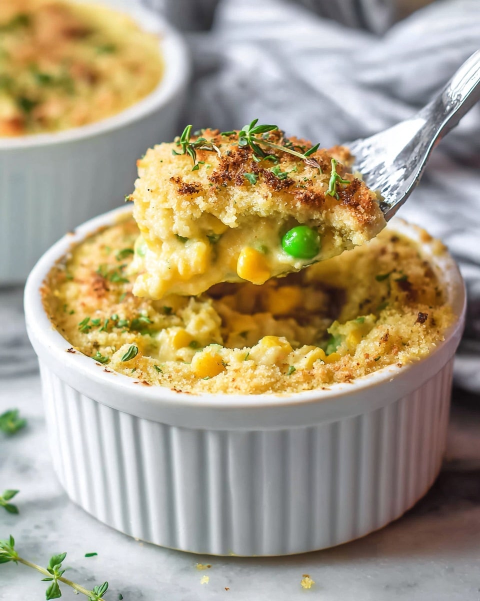 The image shows a small white ceramic ramekin filled with a two-layered dish. The bottom layer is creamy and golden yellow with visible pieces of corn and green peas, giving it a textured look. The top layer is a crumbly, light brown topping with small browned bits and sprigs of fresh green herbs, adding a touch of freshness. A silver spoon lifts some of the dish, showcasing the soft, vibrant yellow base with colorful vegetable pieces beneath the crumbly topping. The ramekin sits on a white marbled surface with some blurred hints of another ramekin and a striped cloth in the background. photo taken with an iphone --ar 4:5 --v 7