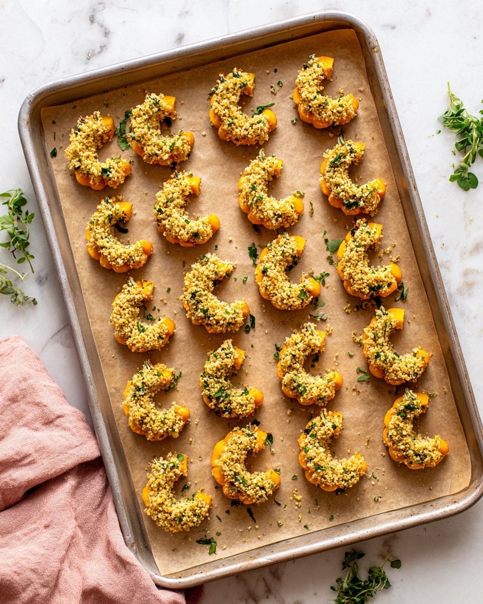 The image shows a metal baking tray lined with light brown parchment paper placed on a white marbled surface. On the tray, there are about twenty small pumpkin-shaped pieces arranged in rows. Each piece has a bright orange base layer that is coated with a crumbly topping made of golden brown breadcrumbs mixed with small green herb bits. Around the tray, a few sprigs of fresh green herbs lie on the white marbled surface, and a pink cloth is partly visible in the bottom left corner. photo taken with an iphone --ar 4:5 --v 7