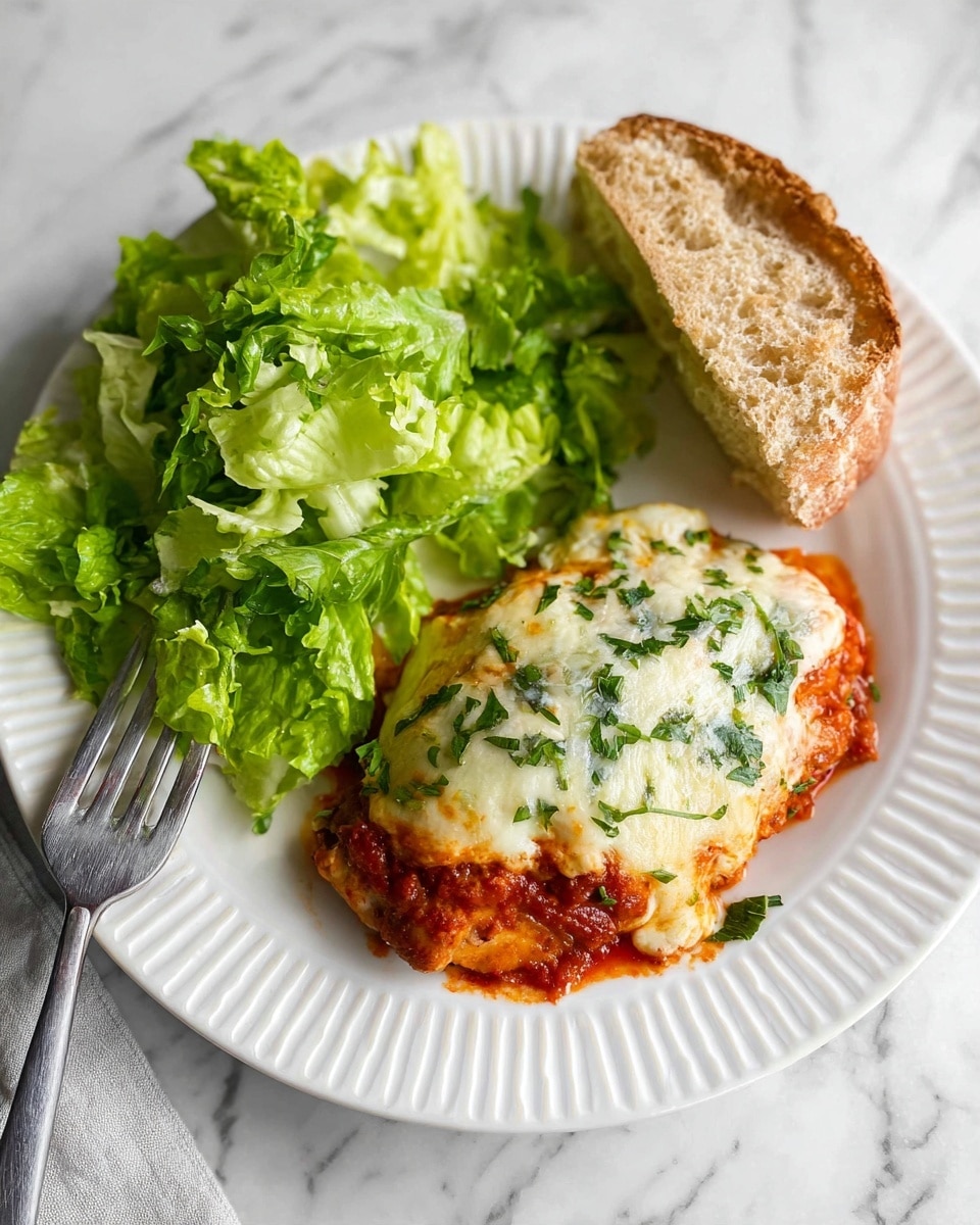 On a white plate with ribbed edges, there is a layered dish starting with a base of red tomato sauce, topped by a light brown cooked chicken piece covered by a thick layer of white melted cheese with green herbs sprinkled on top. To the right of the chicken, there is a rough-textured piece of light brown bread. At the top of the plate, there is a pile of fresh, bright green lettuce leaves with a crisp texture. A silver fork is placed on the left side of the plate. The plate sits on a white marbled surface. Photo taken with an iphone --ar 4:5 --v 7
