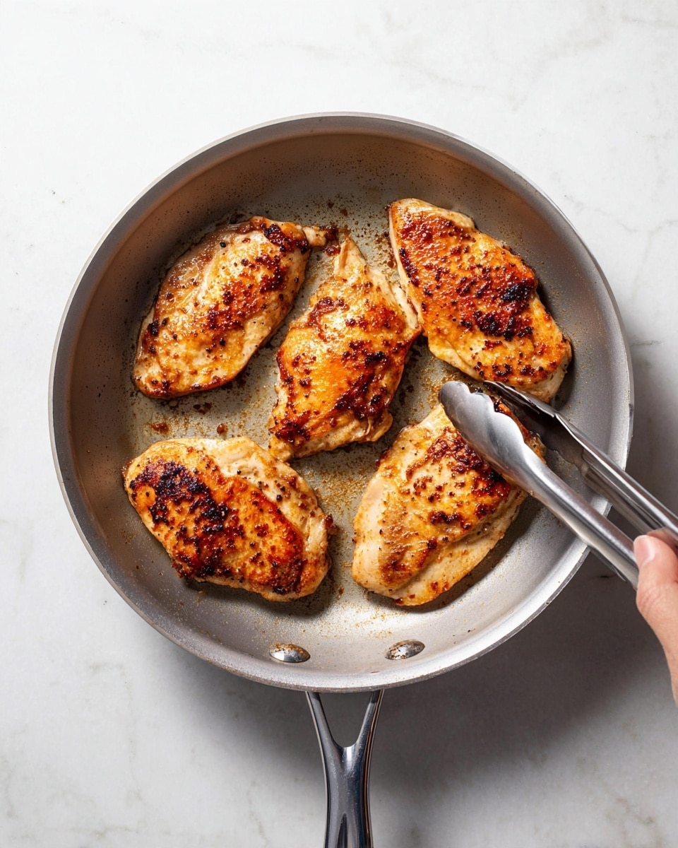 Inside a gray pan with a metal handle on the right, five pieces of cooked chicken are placed. Each chicken piece has a golden brown crispy texture with darker spots, showing they are well cooked. A pair of silver tongs is holding the top right chicken piece from a woman's hand that is out of the frame. The pan sits on a white marbled surface with soft natural light. photo taken with an iphone --ar 4:5 --v 7