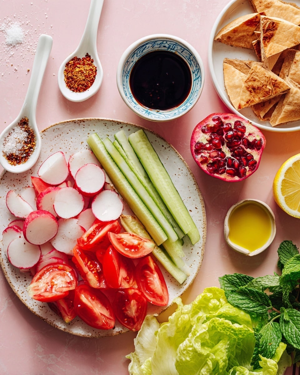A white speckled plate is filled with sliced bright red tomatoes in the bottom left, next to halved radishes with white and red colors and short green stems arranged in a row toward the top. On the right side of the plate are two light green cucumber sticks with a smooth texture, and next to the plate is a half pomegranate with glossy dark red seeds. To the right edge, there is a white bowl filled with triangular golden brown toasted pita pieces. Fresh green romaine lettuce leaves are placed on the bottom right corner of the white marbled surface. Above the plate, a small white bowl with blue speckles is filled with thick dark soy sauce. Below the plate, a small ceramic bowl holds a yellow liquid, likely oil. On the left side, three white spoons contain white salt, red pepper flakes, and black pepper. Fresh green mint leaves and lemon wedges with yellow skin and juicy inside are scattered across the pink background. photo taken with an iphone --ar 4:5 --v 7