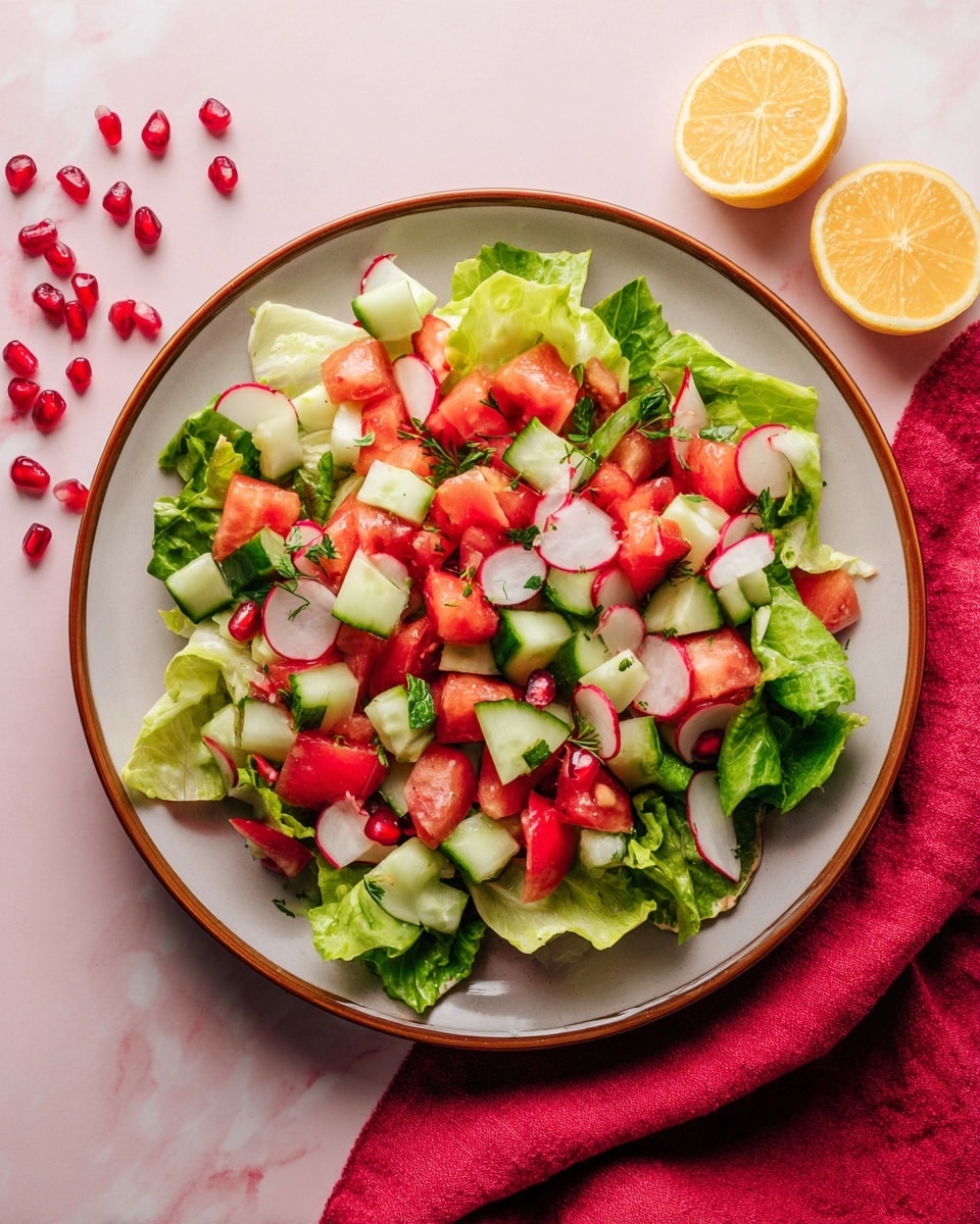 A fresh salad presented in a round white plate with a brown rim sits on a white marbled surface. The salad has three main layers: the base is light green leafy lettuce, topped with chopped green cucumber pieces with white centers, and finished with bright red tomato chunks and small pieces of white radish with red edges scattered on top. Around the plate, there are lemon wedges and red pomegranate seeds adding color and texture to the scene. A folded red cloth napkin is placed beside the plate. Photo taken with an iphone --ar 4:5 --v 7