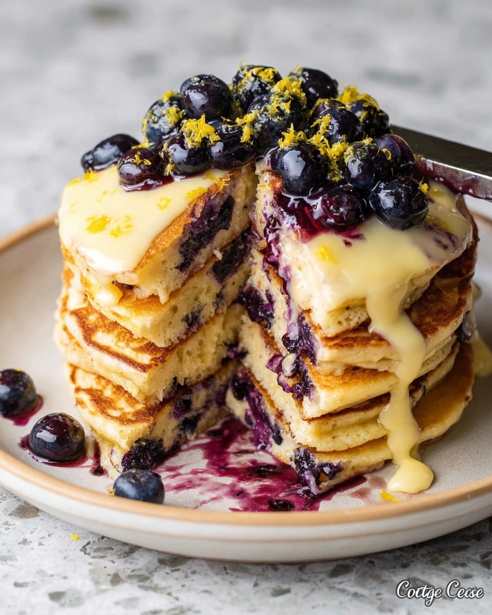 A stack of four thick, golden pancakes with visible blueberries inside each layer sits on a white plate on a white marbled surface. The top pancake is covered evenly with creamy yellow custard sauce mixed slightly with dark purple blueberry syrup, dripping down the sides. Plump fresh blueberries and small bits of yellow lemon zest are scattered over the custard on top. A piece is cut out from the stack and held by a knife, showing the fluffy, soft texture with blueberries inside. Some blueberry syrup is spread on the plate around the stack. Photo taken with an iphone --ar 4:5 --v 7