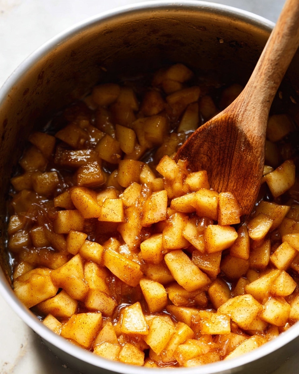 The image shows a close-up of a cooking pot filled with soft, cooked apple pieces that are golden-brown in color with a shiny, syrupy glaze. The diced apples are coated with cinnamon and other spices, giving them a warm, slightly reddish-brown tint. A wooden spoon is scooping up a portion of the apples, with the spoon's texture visible. The background is a white marbled surface. photo taken with an iphone --ar 4:5 --v 7