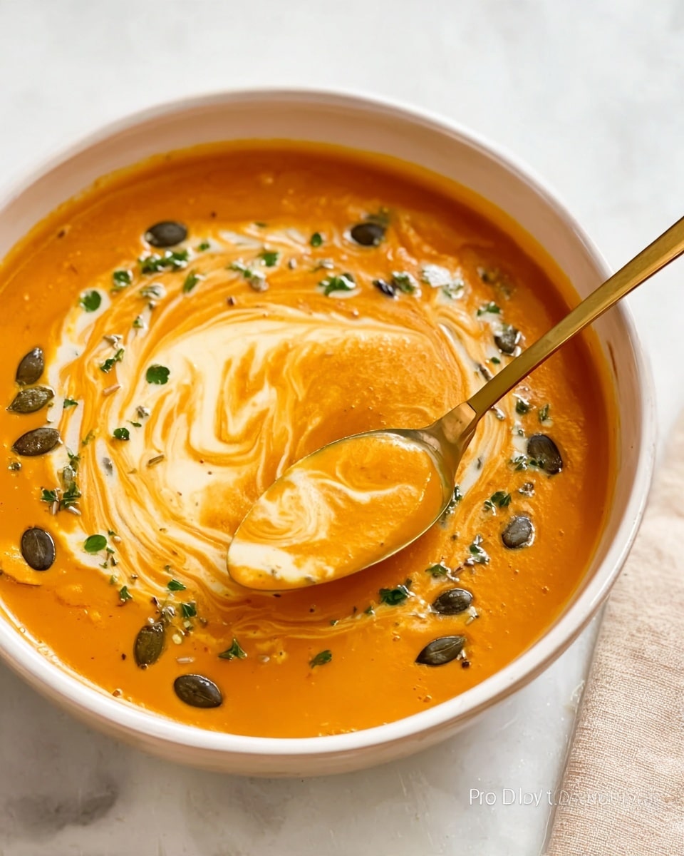 A bowl of thick orange soup with a creamy swirl on top, decorated with small green herb pieces and scattered dark pumpkin seeds around the edge. In the center, a golden spoon holds some soup, showing its smooth texture. The bowl is white and sits on a white marbled surface. Photo taken with an iphone --ar 4:5 --v 7
