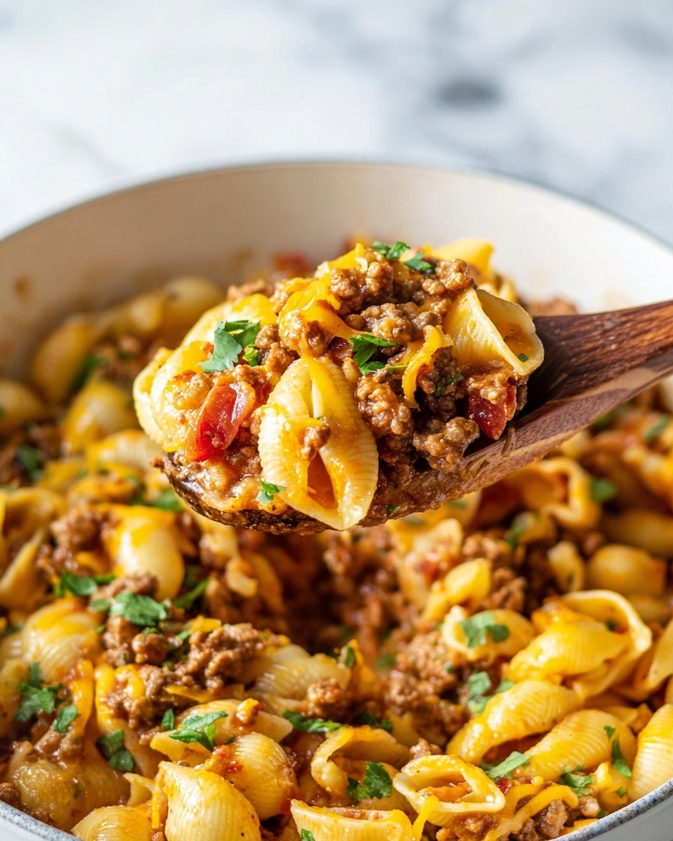The image shows a close-up of a wooden spoon lifting a serving of a layered pasta dish from a white bowl. The dish has three main layers: at the bottom, there are small shell pasta pieces in a light yellow color with some coating sauce; the middle layer is a rich, brownish ground meat sauce mixed with bits of red tomato and melted yellow cheddar cheese; the top layer has fresh green herb leaves sprinkled unevenly for garnish. The background is a white marbled texture, and the overall look is warm and hearty with a mix of soft and slightly chunky textures. Photo taken with an iphone --ar 4:5 --v 7