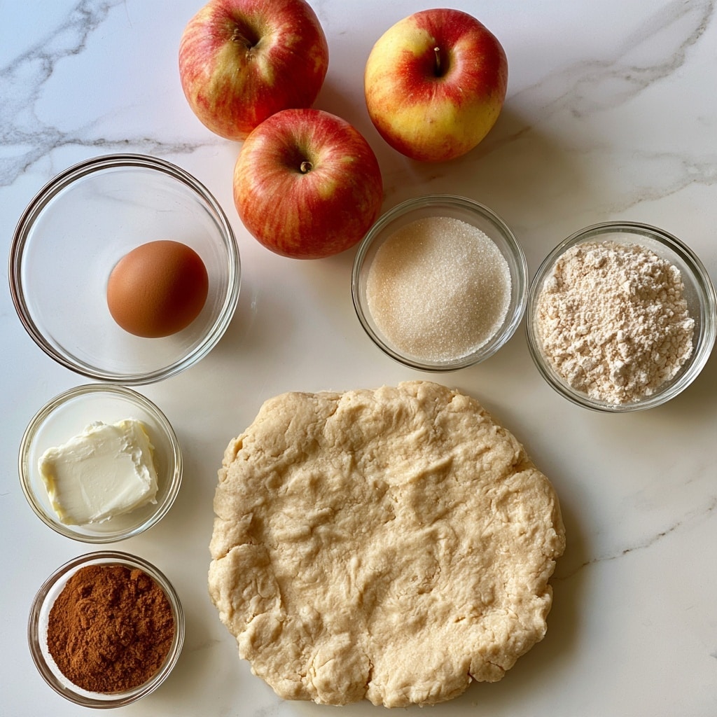 The image shows cooking ingredients on a white marbled surface. There are three apples with red and yellow skin placed near the top, two glass bowls of sugar and flour near the middle right, a glass bowl with a brown egg on the left, and a small glass bowl with white butter below the egg. A small bowl of brown cinnamon powder is near the bottom left. At the bottom center is a thick, flattened round pie dough, light beige in color, with a rough texture. All ingredients are neatly arranged and clearly visible. Photo taken with an iphone --ar 4:5 --v 7