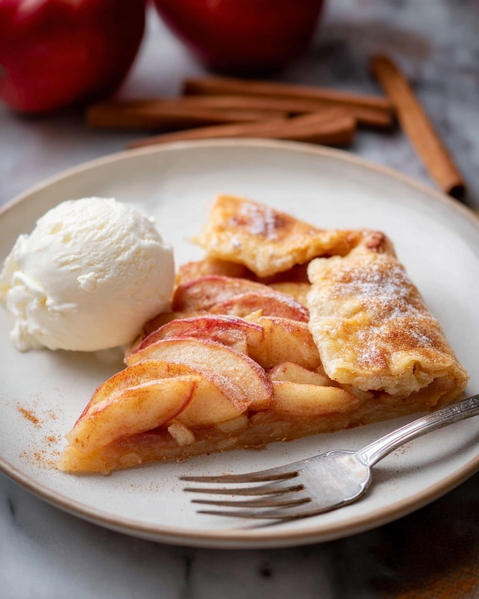 A single slice of apple galette sits on a white plate, with a silver fork beside it. The galette has two main layers: the base is light brown pastry dough, and on top, there are slices of apple with cinnamon giving a warm, reddish-orange color. The edge of the galette crust folds over the apple filling and looks crisp with a golden sugar coating. Next to the galette slice is a scoop of melting white vanilla ice cream, adding a creamy texture. The plate is set on a white marbled surface, with cinnamon sticks and a red apple softly blurred in the background. Photo taken with an iphone --ar 4:5 --v 7