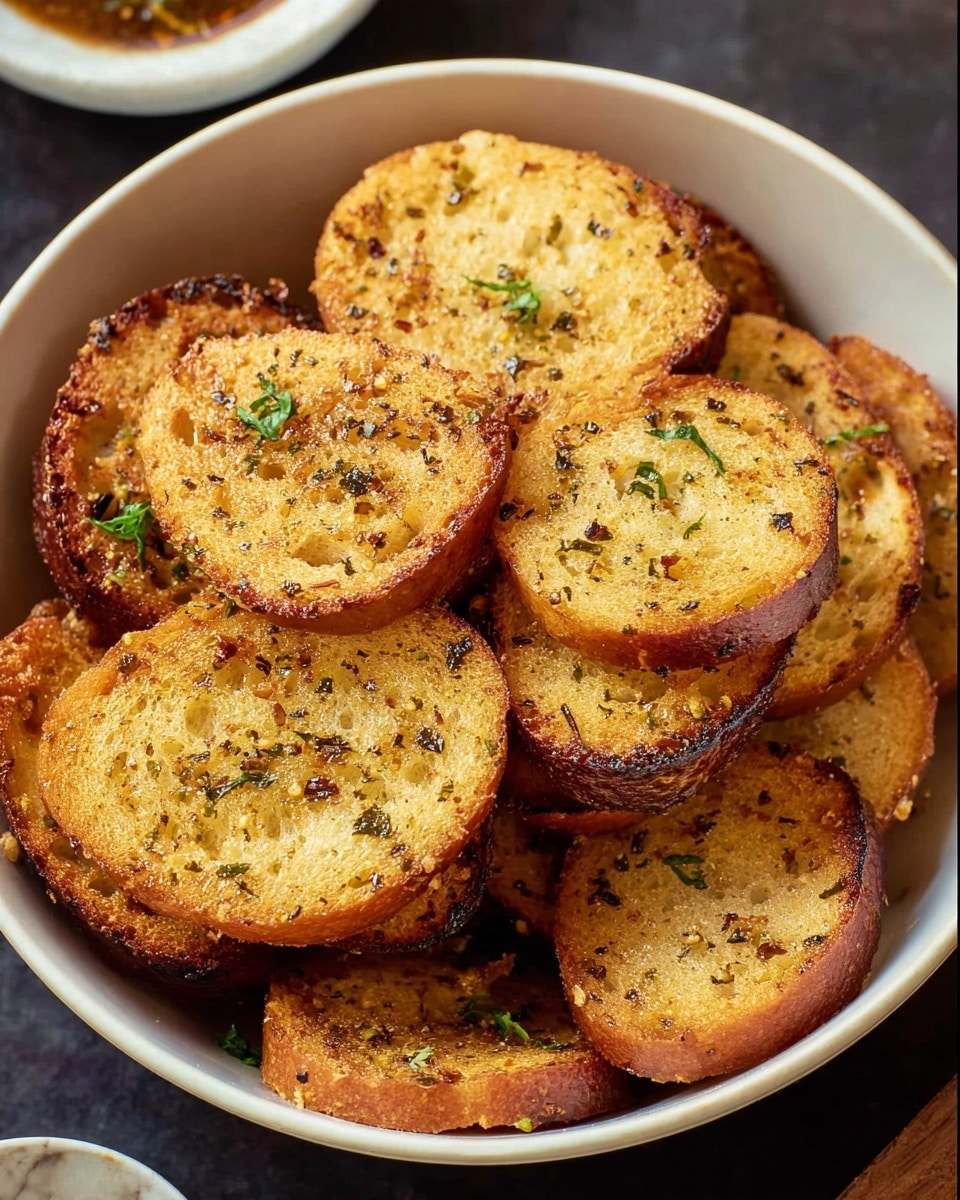 A white bowl filled with many small round toasted bread slices stacked together, each piece has a golden-brown color with crispy edges and is sprinkled with tiny bits of herbs and spices, showing a rough texture. Some green herb bits sit on top, adding a touch of color. The bowl sits on a white marbled surface, and a small part of a white bowl with sauce can be seen on the side. photo taken with an iphone --ar 4:5 --v 7