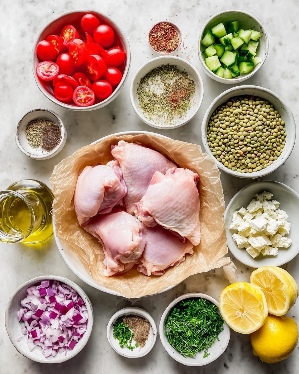 The image shows several bowls and plates arranged neatly on a white marbled surface. In the center, there is a white plate lined with brown parchment paper holding six raw pink pieces of chicken thighs. Around it, there are white bowls with bright red cherry tomato halves, light green split lentils, chopped green cucumber, and light purple diced onion. Smaller white bowls hold fresh green herbs, including finely chopped parsley and dill, as well as crumbled white cheese. A small bowl contains mixed dried spices with shades of light brown and green. There is also a clear glass bottle with golden olive oil and halved yellow lemons. The colors contrast nicely with the clean white dishware and marble background. photo taken with an iphone --ar 4:5 --v 7