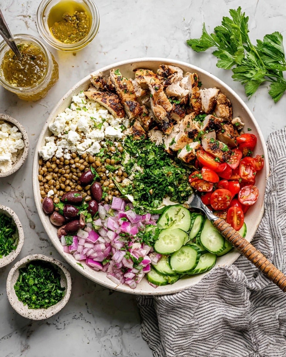 A large white round bowl on a white marbled surface holds a colorful salad with six main sections: grilled light brown chicken pieces with dark char marks at the bottom, crumbled white cheese on the left, light brown lentils next to the cheese, green cucumber chunks at the top, purple olives sliced in halves on the right, and bright red halved cherry tomatoes on the far right. In the middle, there are finely chopped red onions, dark green chopped parsley, and some finely chopped light green herbs, mostly covering the dish. A large metal spoon with a woven handle rests on the bowl’s left side and another spoon is partly visible on the right side. Around the bowl are small white speckled bowls with more chopped green herbs and crumbled white cheese, plus a jar with dressing and a small whisk. A gray-striped cloth is under the right side of the bowl. photo taken with an iphone --ar 4:5 --v 7