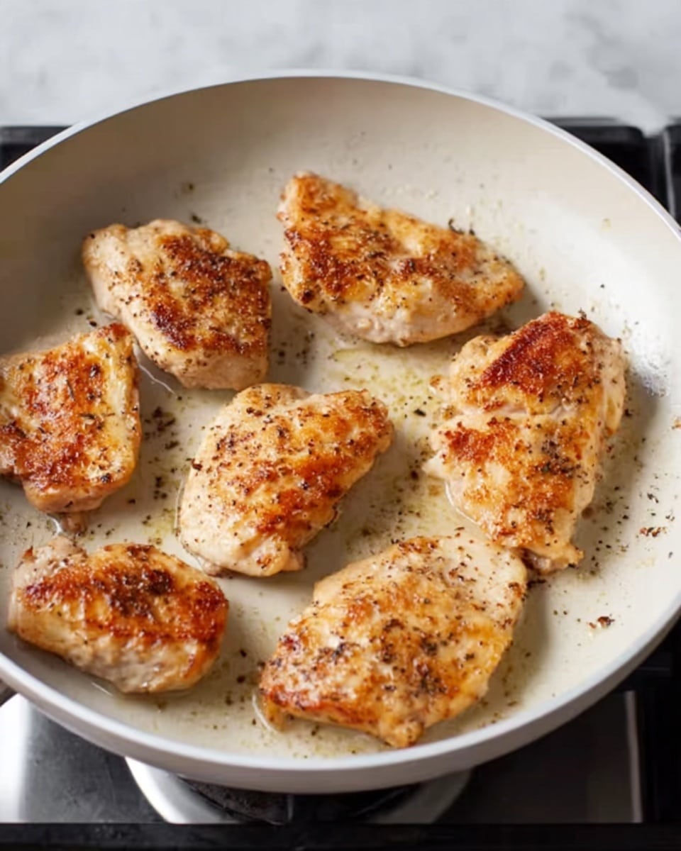 A white frying pan holds six small pieces of golden-brown cooked chicken arranged with some space between them, each piece showing a slightly crispy texture with black pepper and seasoning visible on the surface. The pan is set on a stove with dark parts partially visible around it. The chicken pieces have a light browned crust and moist inside, spread out evenly in the pan on a white marbled surface. Photo taken with an iphone --ar 4:5 --v 7