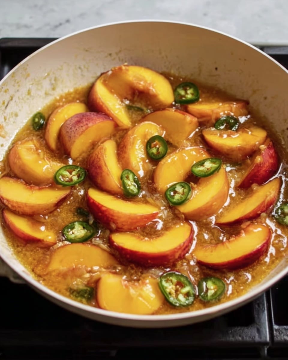 The image shows a white pan on a stove with thin slices of yellow and red peaches cooking in a golden-brown syrup. Small green jalapeño slices are scattered among the peach slices, adding a splash of green color. The syrup looks thick and shiny, partially covering the fruit with a smooth texture. The pan’s white surface contrasts with the warm colors of the fruit and sauce. The overall look is warm, fresh, and inviting. photo taken with an iphone --ar 4:5 --v 7