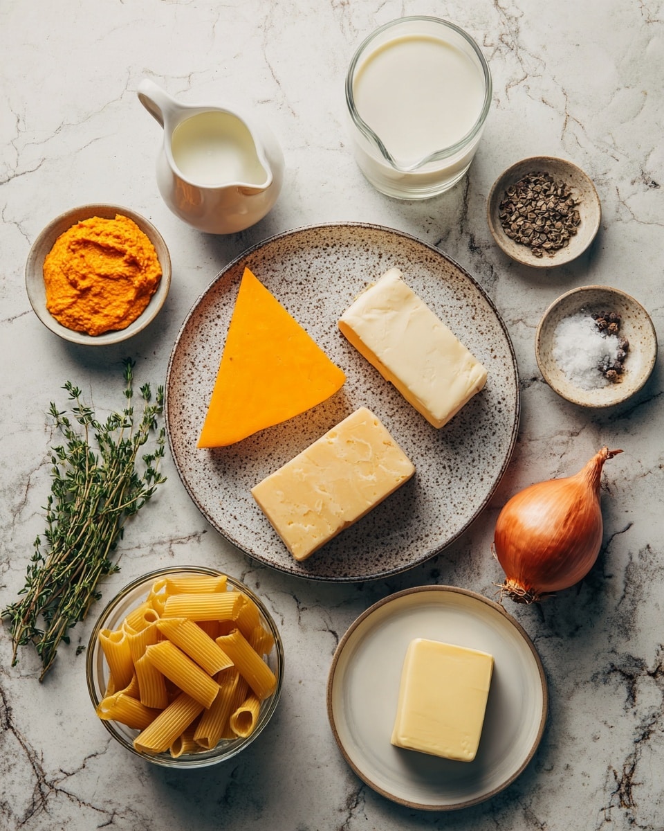 The image shows a top view of cooking ingredients on a white marbled surface. In the center, there is a speckled round plate holding two blocks of cheese, one orange triangular piece on the left and one beige square piece on the right. Around it are several small white dishes with various ingredients: bright orange paste in a bowl on the upper left, white cream or milk in a small pitcher at top center, white salt and black pepper on a small plate on the upper right. Fresh garlic and a red shallot are placed to the right of the plate. Below the cheese plate, there is a small plate with a rectangular piece of butter. On the bottom left, a bowl of uncooked rigatoni pasta is visible, and at the bottom center, a glass measuring cup with clear water is placed. A couple of sprigs of fresh green thyme lie near the cheese plate on the left side. Photo taken with an iphone --ar 4:5 --v 7