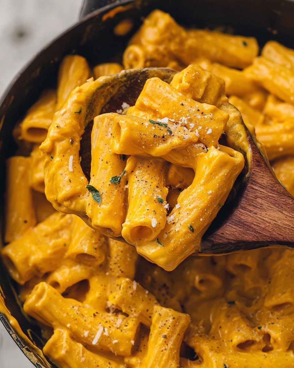 A wooden spoon holds several pieces of short, smooth pasta tubes covered in thick, bright yellow cheese sauce with a slightly creamy texture. The pasta is sprinkled with small bits of grated white cheese and tiny green herb leaves, with light specks of black pepper scattered across. More pasta lies around the spoon inside a dark pan, all coated evenly in the same creamy cheese sauce. The scene is set on a white marbled surface. photo taken with an iphone --ar 4:5 --v 7