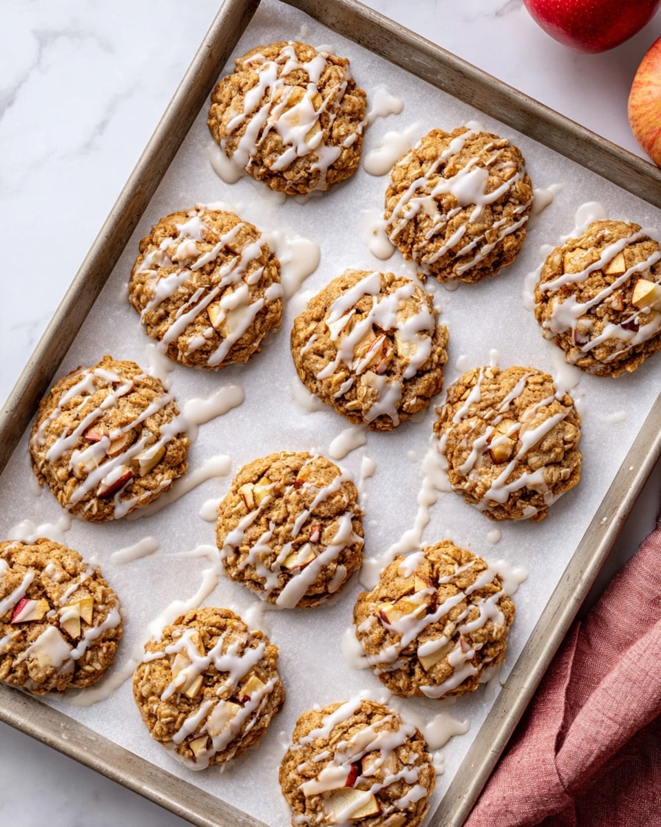 A silver baking tray lined with white paper holds eleven round oatmeal cookies, each showing a golden-brown color with visible bits of white apple chunks scattered throughout. Each cookie is topped with a thick, creamy white glaze that is drizzled unevenly across the top, sometimes dripping onto the paper. The tray is set on a white marbled surface, with part of a red apple and a pink cloth visible at the bottom and top edges. photo taken with an iphone --ar 4:5 --v 7
