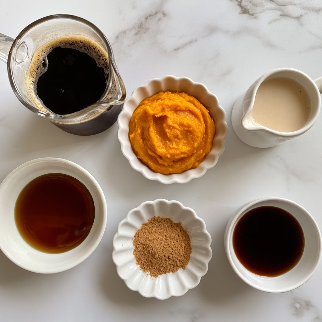 The image shows six small white dishes arranged on a white marbled surface. At the top left, there is a clear glass pitcher filled with dark brewed coffee, showing some light froth on the surface. In the center top position, a scalloped white bowl holds bright orange canned pumpkin puree with a smooth texture. To the top right, a small white pitcher filled with creamy light beige unsweetened vanilla almond milk is visible. On the bottom left, a round white bowl contains dark amber maple syrup with a shiny surface. In the bottom center, a white scalloped dish features a pile of light brown pumpkin pie spice powder. At the bottom right, a small white bowl holds dark brown vanilla liquid. Each ingredient is distinctly placed, with clear labels on top. photo taken with an iphone --ar 4:5 --v 7