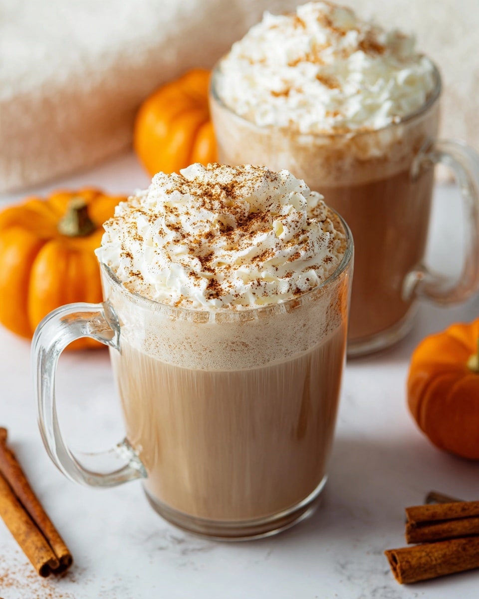 Two clear glass mugs filled with light brown creamy liquid topped with thick white whipped cream sprinkled with light brown cinnamon powder; the mugs have clear handles and sit on a white marbled surface with orange mini pumpkins and cinnamon sticks nearby, giving a warm, cozy feel. photo taken with an iphone --ar 4:5 --v 7