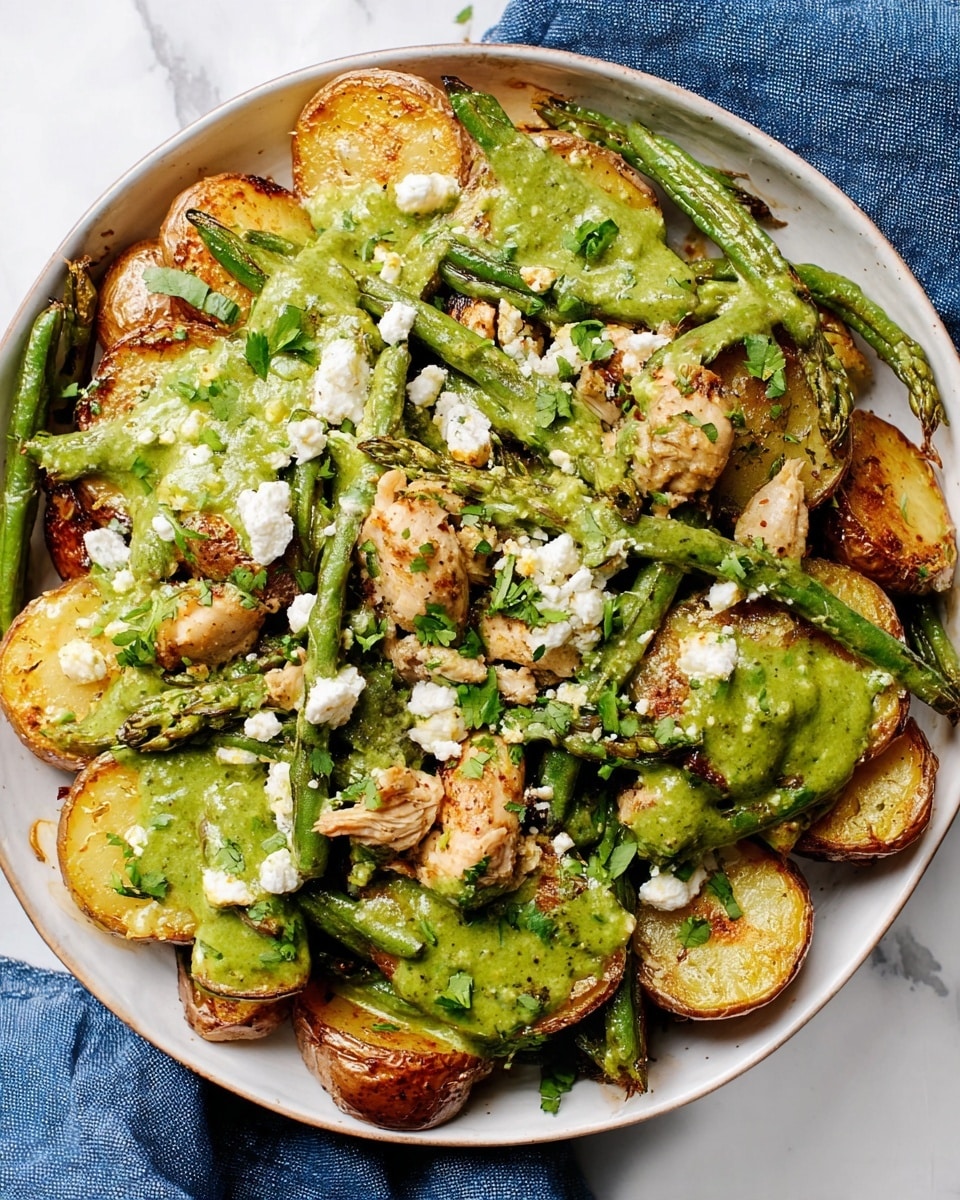 The dish is arranged in a white bowl filled with several layers. The bottom layer shows golden-brown roasted potato slices, each with a slightly crispy skin and soft inside. On top of this, there are bright green roasted green beans placed randomly across the bowl. Small pieces of cooked chicken with a light golden color are scattered between the potatoes and green beans. A thick green sauce is drizzled unevenly over the whole dish, giving it a vibrant and fresh look. Finally, crumbled white cheese and chopped fresh green herbs are sprinkled on top, adding texture and pops of color. The bowl rests on a white marbled surface with a blue cloth nearby. Photo taken with an iphone --ar 4:5 --v 7