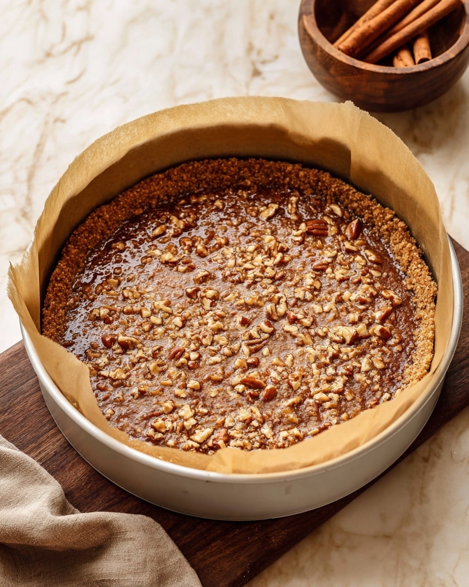 A white round baking pan lined with parchment paper holds a two-layer dessert; the bottom and sides are a textured, golden brown crumb crust, while the top layer is a shiny, light brown filling mixed evenly with pieces of pecans. The pan sits on a white marbled surface with a small wooden bowl in the background containing cinnamon sticks. Photo taken with an iphone --ar 4:5 --v 7