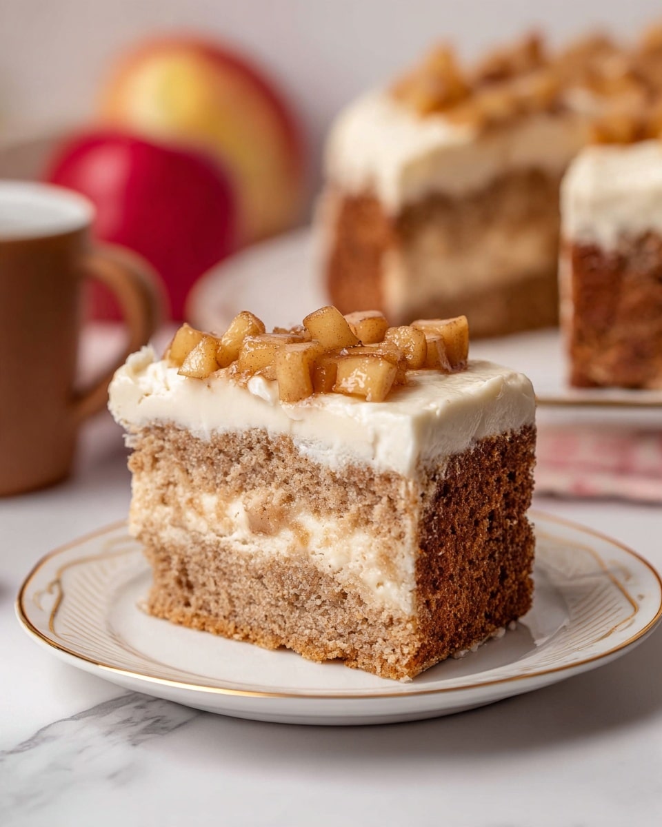 A slice of cake with three layers is shown on a white plate with a gold rim. The bottom layer is a thick, light brown moist cake with a slightly rough texture. The middle layer is a creamy off-white frosting, smooth and thick, covering the whole cake evenly. The top layer consists of small chunks of cooked apple pieces colored light brown with a shiny look, evenly spread over the frosting. Behind the slice, the whole cake is visible with the same three layers. In the blurry background, there is a brown mug and a red apple on a white marbled surface. photo taken with an iphone --ar 4:5 --v 7