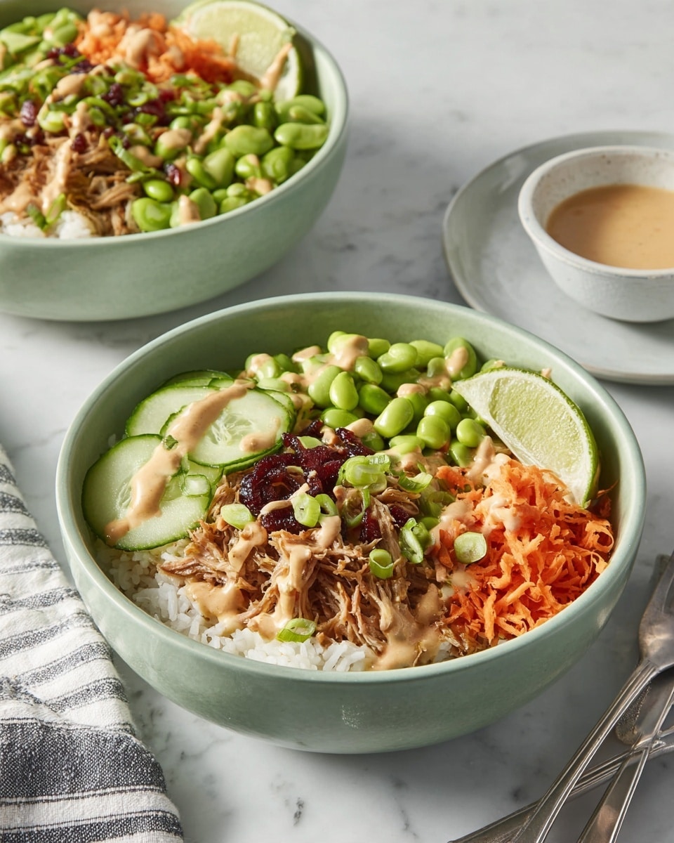 Two light green bowls hold layered dishes on a white marbled surface. Each bowl contains a base layer of white rice, topped with shredded light brown meat. On top of the meat, bright green edamame beans are spread, with thinly sliced cucumber arranged on one side. Orange shredded carrots are placed near the cucumbers. Scattered dark red bits add contrast, along with small green onion pieces sprinkled across the dish. A creamy light tan sauce is drizzled over the ingredients. One bowl has a thin lime slice resting on the edge. In the background, a white bowl with a light brown sauce sits on a white plate. A striped cloth lies beside the bowls and two silver forks are nearby. photo taken with an iphone --ar 4:5 --v 7