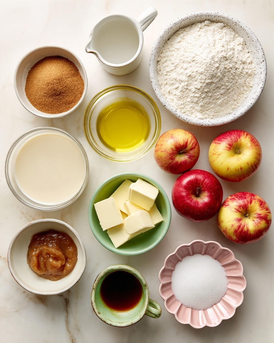 A top view of various baking ingredients arranged neatly on a white marbled surface, including a large bowl of white flour with a speckled rim at the top right, a white cup filled with brown sugar on the top left, a round glass bowl of yellow oil centered below the brown sugar, and a small white bowl with white sugar underneath it. To the right are three red apples with yellow-green areas. Below the oil is a glass cup filled with light beige dairy-free milk, next to it a white bowl with light brown applesauce, a green-rimmed bowl holding vegan butter slices, a small white bowl with ground cinnamon on the left, a white bowl with baking powder and soda below it, and a scalloped pink bowl with dark vanilla extract near the bottom center. All items are arranged with space in between on the smooth white marbled surface. Photo taken with an iphone --ar 4:5 --v 7