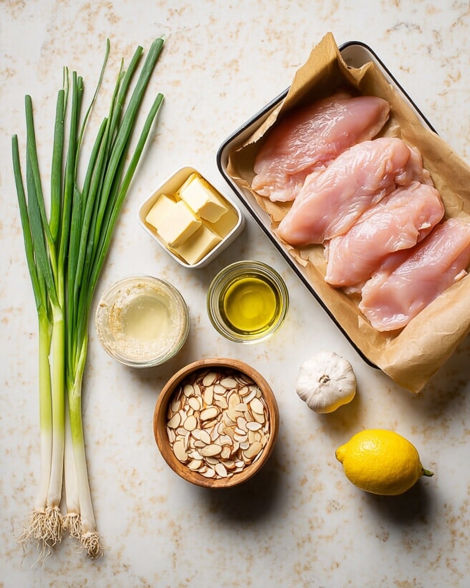 The image shows raw pink chicken slices neatly laid out on a baking dish lined with brown parchment paper in the top right corner. To the left, there are fresh green onions with white roots and green tips, placed directly on the white marbled surface. Small white containers hold several pale yellow butter pieces, light beige flour, a glass cup with light yellow vegetable oil, and a small bowl filled with light brown sliced almonds. A whole white garlic bulb is placed near these ingredients, alongside a wooden bowl containing a bright yellow lemon. All items are arranged separated from each other on a white marbled texture. Photo taken with an iphone --ar 4:5 --v 7