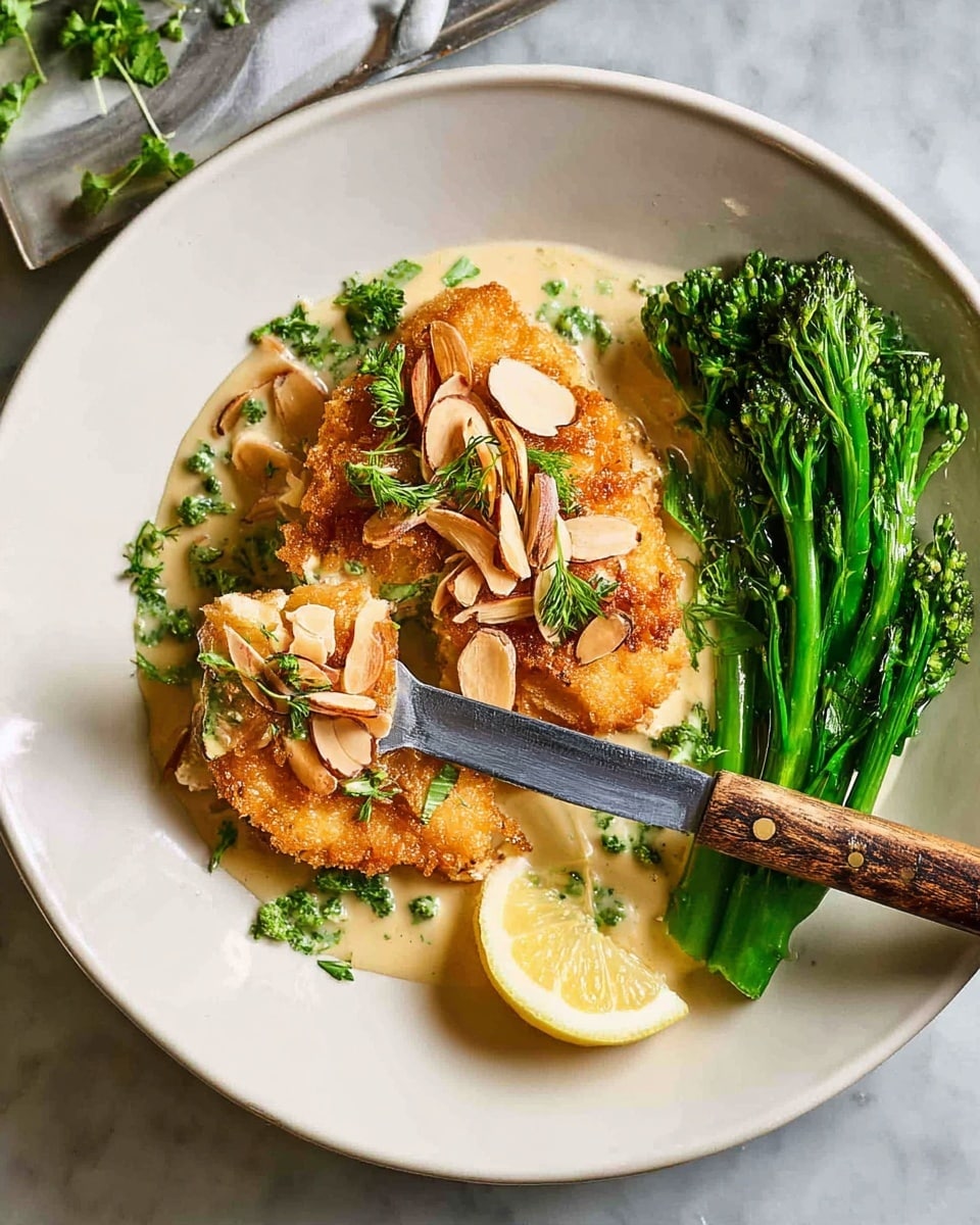 The dish is served in a white shallow bowl on a white marbled surface. At the bottom, there is a light cream sauce with green herbs scattered throughout. On top, two golden brown, crispy fried pieces are layered, garnished with thin almond slices and more green herbs. To the side, bright green broccolini stalks are arranged neatly. A thin slice of lemon sits beneath the dish. A fork lifts one of the fried pieces, and a knife with a wooden handle rests on the edge of the bowl beside it. photo taken with an iphone --ar 4:5 --v 7