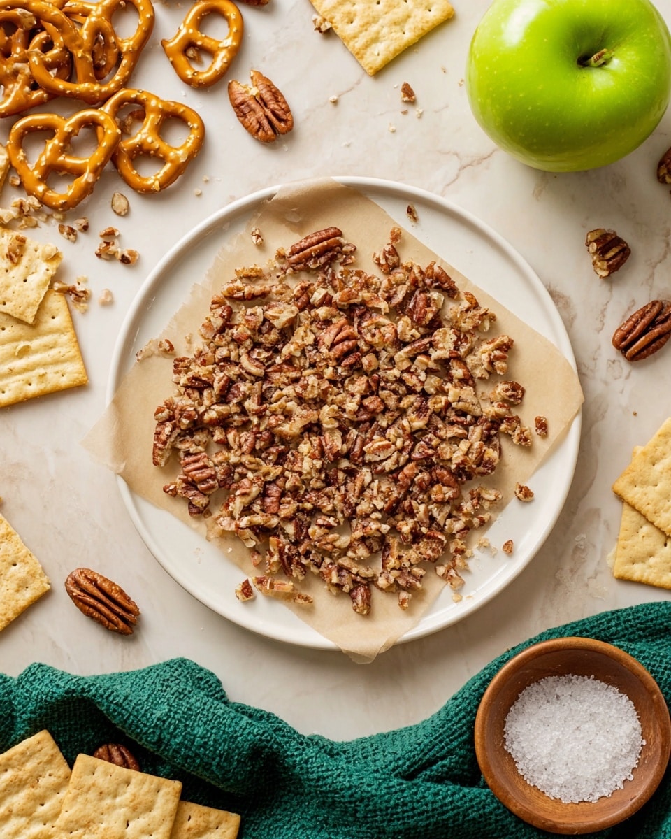 A white round plate holds a single layer of chopped toasted pecans spread evenly on a square piece of light brown parchment paper in the center. Around the plate, there are scattered pieces of pecans and a mix of snacks, including pretzels with a golden-brown color and bumpy texture on the top left, beige saltine crackers on the bottom left, and biscuit cookies with a golden color and patterned edges on the bottom right. On the top right side, a bright green apple and some cracker pieces are visible, while a small wooden bowl filled with coarse white salt sits near the bottom right corner next to a folded dark green textured cloth. The whole scene is set on a white marbled surface with soft light. photo taken with an iphone --ar 4:5 --v 7