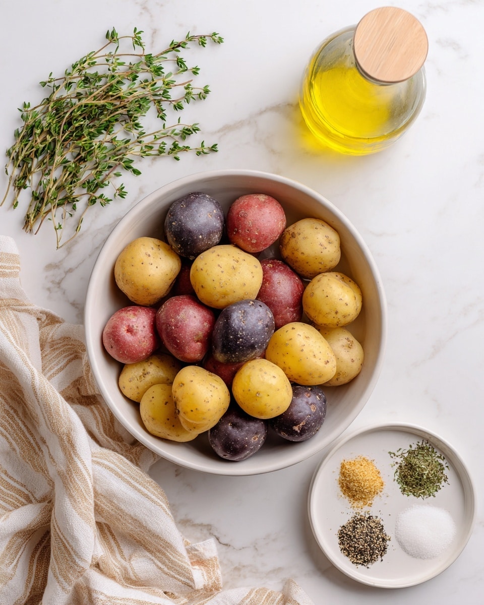 A white bowl filled with small potatoes in three different colors: yellow, red, and purple, all smooth textured and piled together. To the top left of the bowl, there are green herb sprigs with small leaves spread casually on a white marbled surface. To the top right, there is a clear glass bottle with a yellow liquid inside and a beige wooden stopper on top. On the bottom right of the image, there is a smaller white plate with six small piles of different spices and herbs, each with distinct colors including white, yellow, black, green, and brown. The whole scene is placed on a white marbled surface with a beige striped cloth partially visible on the bottom left. photo taken with an iphone --ar 4:5 --v 7