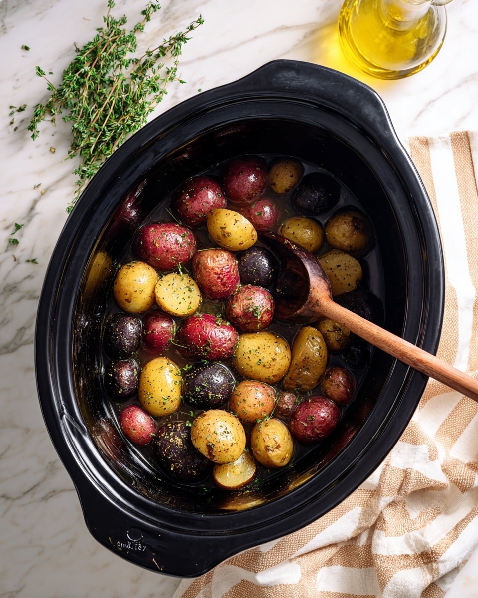 Inside a black slow cooker, small red, yellow, and purple potatoes are shown, some whole and some halved, all sprinkled with herbs and spices giving a lightly textured, seasoned look. A wooden spoon rests among the potatoes, partially stirring them. The scene is set on a white marbled surface, with a beige, striped cloth folded to the side and a glass bottle of golden olive oil nearby. Fresh green thyme sprigs lie on the marbled surface, adding a touch of natural color. photo taken with an iphone --ar 4:5 --v 7