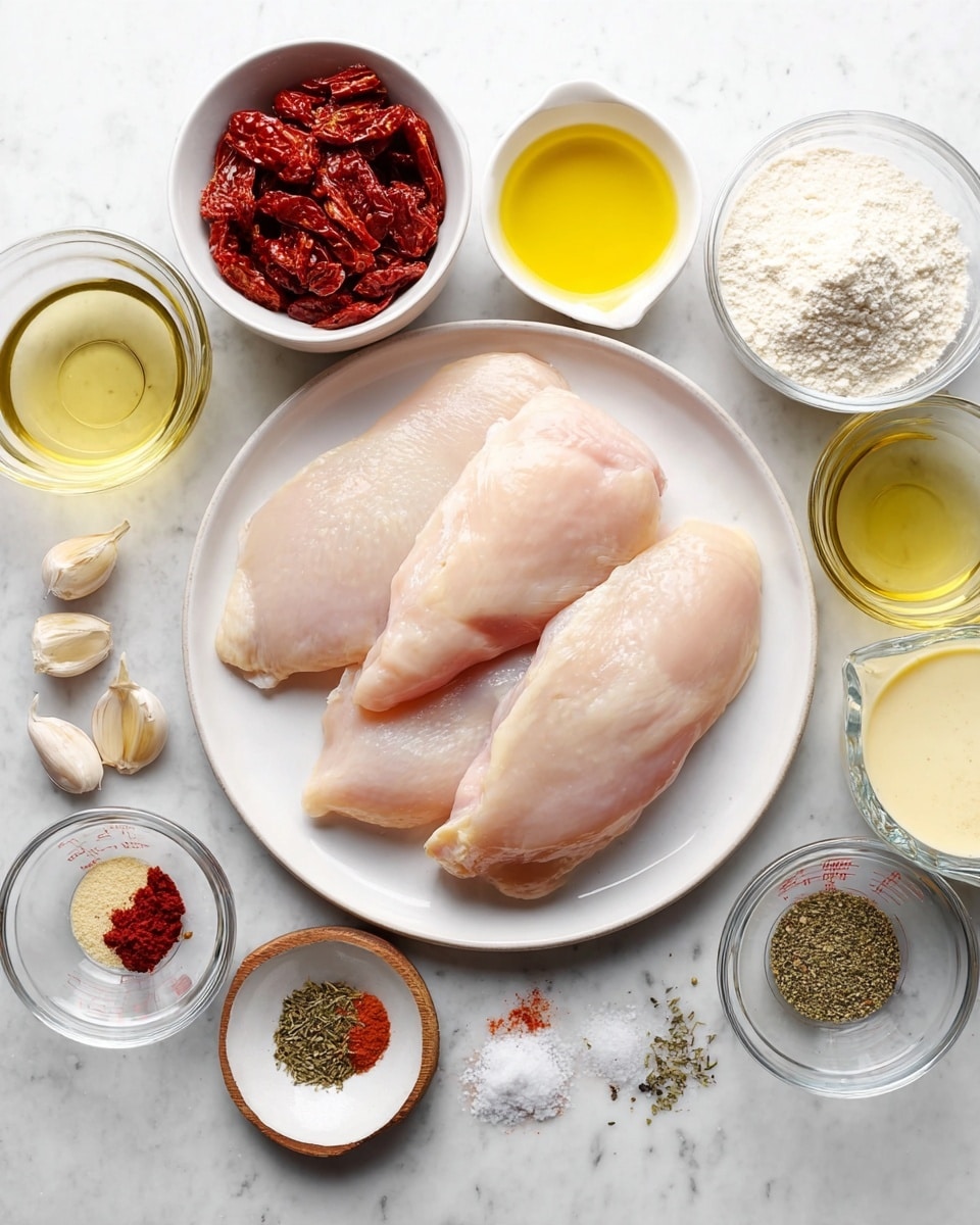 Three raw chicken pieces lie on a white round plate in the center over a white marbled surface. Around the plate are small white bowls and clear measuring cups holding ingredients: a bowl of dried red sun-dried tomatoes, a small bowl of white flour, a small bowl with clear olive oil, a measuring cup with light yellow broth, and another with white creamy liquid. There are also small white plates with mixed spices like salt, black pepper, paprika, garlic powder, and dried herbs, along with a tiny wooden bowl of minced garlic. The setup looks clean and organized, ready for cooking photo taken with an iphone --ar 4:5 --v 7