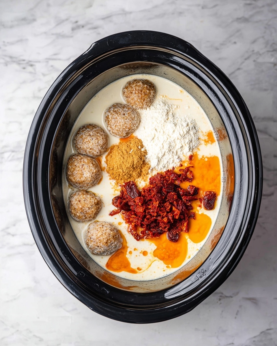 A black oval slow cooker filled with several layers of ingredients: on the left side, there are round brownish beige balls with a grainy texture, some partially submerged in a creamy white liquid; in the middle, a pile of white powder sits atop the liquid; near the center, there is a dollop of light brown minced paste; on the right side, a heap of bright red chopped pieces with oily highlights rests on the creamy base, which also has orange oil droplets spread across its surface. The slow cooker is placed on a white marbled surface photo taken with an iphone --ar 4:5 --v 7