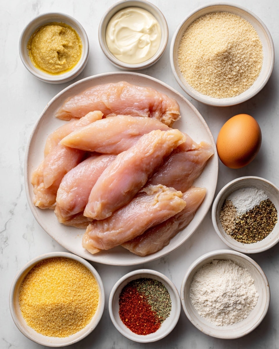 A white plate in the center holds multiple pale pink chicken tenderloins arranged close together. Surrounding the plate are seven small white bowls with different ingredients: at the top left is a bowl with light yellow Dijon mustard, next to it is a bowl with creamy white mayo, then a bowl with a single brown egg, and a larger bowl with light beige Panko crumbs. Below the Panko is a bowl with yellow cornmeal, next to it a bowl with white flour, and at the bottom right is a bowl with a mix of spices in colors like black, red, off-white, and green. The background and surface are a white marbled texture. photo taken with an iphone --ar 4:5 --v 7