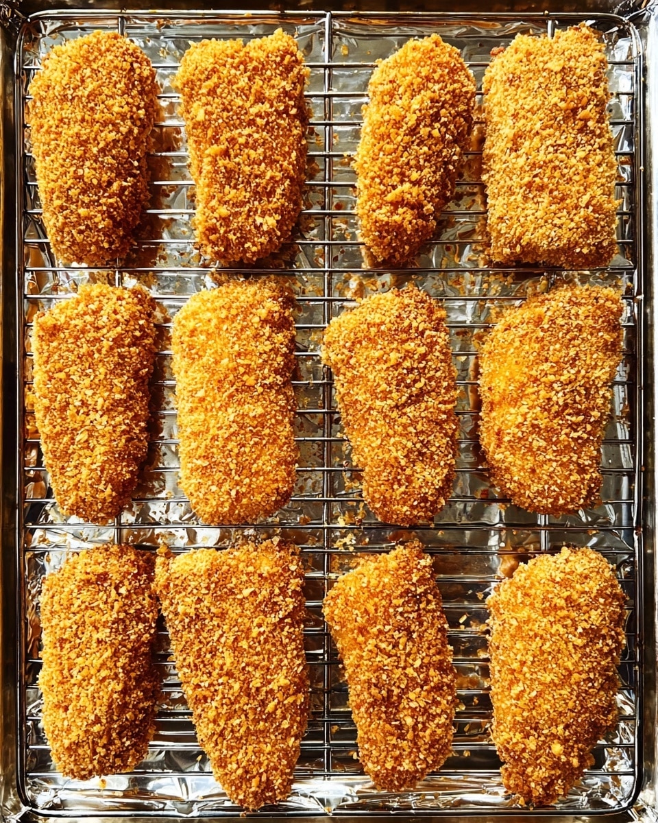 Fourteen pieces of breaded food are arranged in two neat rows on a metal wire rack. Each piece is evenly coated with a golden brown crunchy layer, with a rough and crumbly texture. The rack is placed over a baking tray covered with shiny aluminum foil, reflecting light and enhancing the warm colors of the breading. The overall look is clean and organized, showing the food ready to be cooked or served. photo taken with an iphone --ar 4:5 --v 7