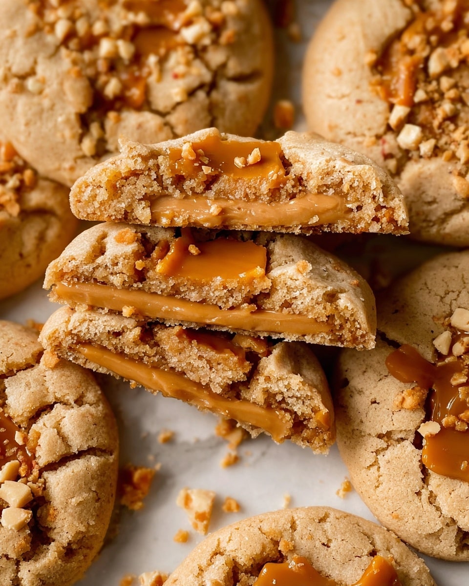 A close-up view of several round cookies with a rough, golden-brown texture and slightly cracked tops, each topped with a smooth, shiny caramel layer and sprinkled with small pieces of crushed nuts. In the center, some cookies are broken and stacked, showing their crumbly inside and caramel layer running through the middle. The cookies sit close together on a white marbled surface, highlighting their warm colors and soft texture. Photo taken with an iphone --ar 4:5 --v 7