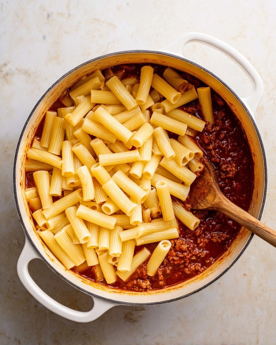 A white pot filled with three visible layers: the bottom layer is a deep red thick sauce with small bits of meat mixed in, the middle layer consists of a wooden spoon partially submerged in the sauce, and the top layer is a pile of pale yellow uncooked rigatoni pasta tubes spread evenly across the sauce. The pot handles are white, and it sits on a white marbled textured surface. Photo taken with an iphone --ar 4:5 --v 7