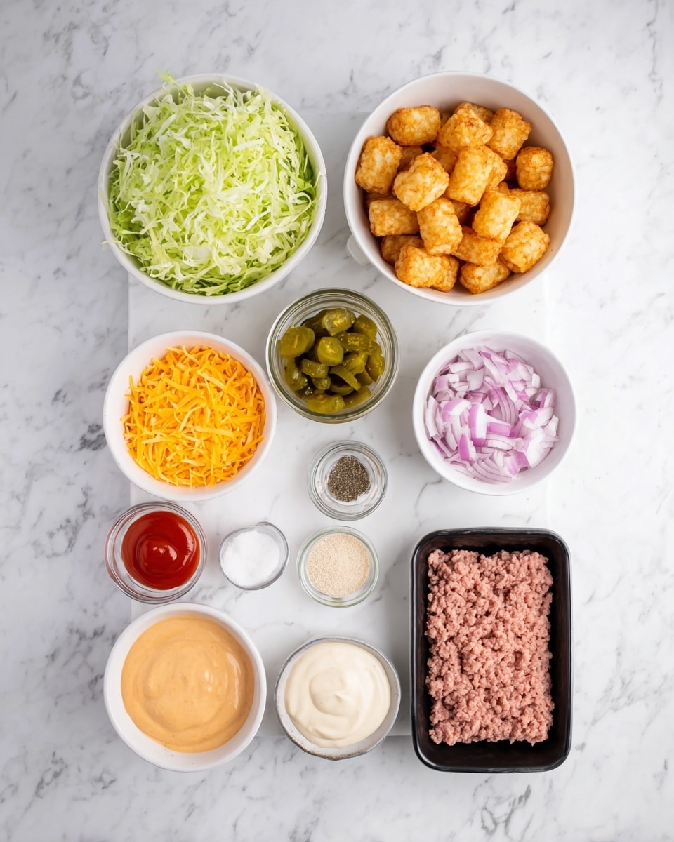 The image shows various ingredients neatly placed on a white marbled surface, each in its own white bowl or container. Starting from the top left, there is a bowl filled with light green shredded lettuce. To the right, a bowl contains golden, crispy tater tots, and next to it is a smaller bowl holding a light orange sauce. Below the lettuce bowl, there is a bowl of bright orange shredded cheddar cheese. In the center, there's a small jar filled with green pickles. To its right, a small bowl contains salt and black pepper divided evenly. Below the tater tots is an opened jar of creamy white mayonnaise. On the bottom left, a black rectangular container holds light pink raw ground meat. Next to it, a white bowl contains chopped red onions, and beside it is a bowl with red ketchup. Also visible is a small bowl with light beige powder, possibly garlic powder, at the bottom center of the image. photo taken with an iphone --ar 4:5 --v 7