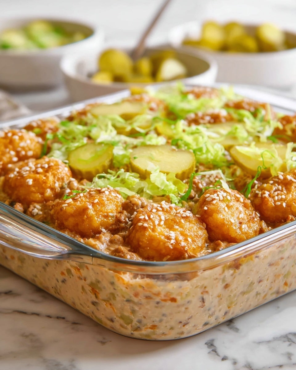 A clear glass baking dish filled with one layer of golden brown tater tots, topped with shredded green lettuce and several round slices of green pickles placed evenly on top. The entire bake is drizzled with a light orange creamy sauce and sprinkled lightly with white sesame seeds. Around the bake on a white marbled surface are small white bowls containing bright orange shredded cheese, dark green relish, and bright red ketchup, along with a small bowl of light-colored salt and a jar of sliced pickles in liquid. Photo taken with an iphone --ar 4:5 --v 7