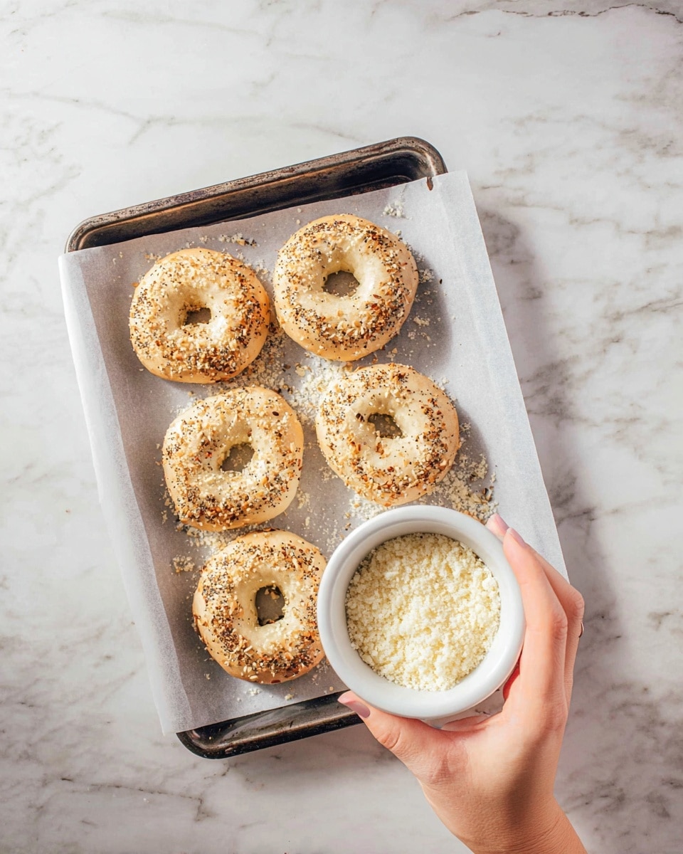 A metal baking tray lined with white parchment paper holds six small bagels with a light golden dough sprinkled with various seeds and spices on top. Above the tray, a woman's hand holds a small white bowl filled with finely grated cheese. The scene is set on a surface with a white marbled texture. photo taken with an iphone --ar 4:5 --v 7