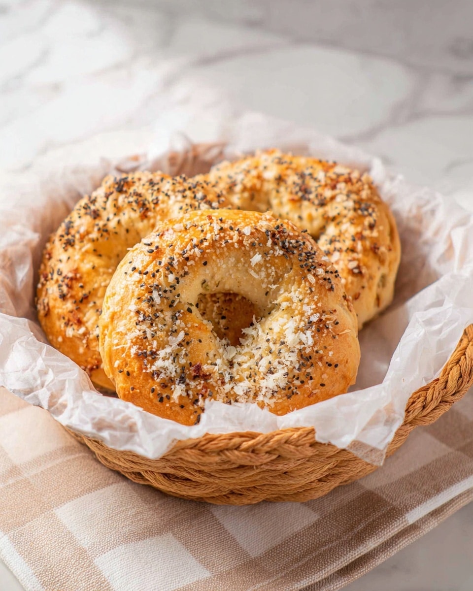 The image shows three round bagels with a golden brown crust sitting in a woven basket lined with white parchment paper. The bagels are topped with a mix of small black and white sesame seeds, and some grated white cheese is lightly scattered over the top. The basket is placed on a white marbled surface with a beige and white checkered cloth partially visible underneath. The light in the image is soft and natural, highlighting the texture of the bagels and the basket. Photo taken with an iphone --ar 4:5 --v 7