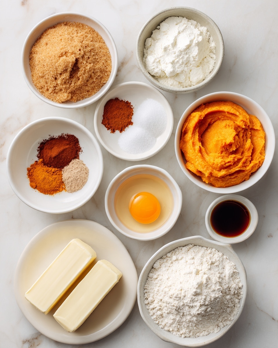 A top view of several white bowls arranged on a white marbled surface, each holding different baking ingredients. The top left bowl contains light brown sugar with a crumbly texture. Next to it, a small bowl holds white cream of tartar along with reddish-brown cinnamon, white salt, and light brown baking soda powders. To the right, a single egg yolk rests in a white bowl. Below, a white bowl is filled with bright orange pumpkin puree, soft and smooth. Next to it, another white bowl has dark orange pumpkin spice powder. At the bottom left, a large white plate holds two pale yellow sticks of butter and a small bowl of dark amber vanilla extract. Adjacent to this, a white bowl is filled with fine white granulated sugar. At the bottom right, a larger white bowl contains off-white all-purpose flour with a light, powdery texture. All bowls are neatly spaced on the white marbled surface, photo taken with an iphone --ar 4:5 --v 7